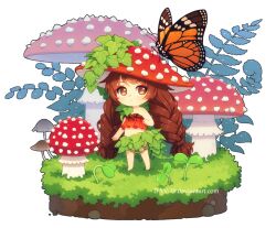  1girl brown_eyes brown_hair bug butterfly chibi chibi_only commentary commission dav-19 english_commentary fairy fern grass ivy leaf_skirt long_hair low_twintails midriff monarch_butterfly mushroom mushroom_hat navel original solo sprout transparent_background twintails very_long_hair web_address 