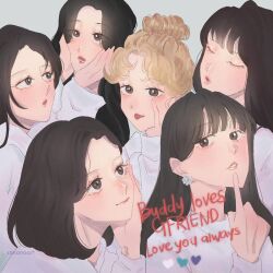  6+girls artist_name black_hair blonde_hair blunt_bangs blush brown_eyes brown_hair canjiya closed_eyes commentary earrings eunha_(gfriend) eyelashes gfriend grey_background group_name hair_bun heart highres jewelry long_hair looking_at_viewer multiple_girls open_mouth simple_background sinb_(gfriend) smile sowon_(gfriend) tongue tongue_out umji_(gfriend) yerin_(gfriend) yuju_(gfriend) 