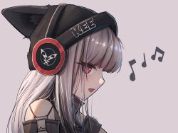  1girl animal_ears arknights bare_shoulders beamed_eighth_notes beanie black_hat commentary diamond-shaped_pupils diamond_(shape) ears_through_headwear english_commentary fox_ears fox_girl frostleaf_(arknights) grey_background grey_shirt hat headphones highres long_hair musical_note off-shoulder_shirt off_shoulder okukin_07 open_mouth portrait red_eyes shirt sideways_mouth simple_background smile solo symbol-shaped_pupils 