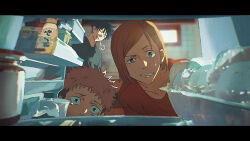  1girl 2boys arashi_(boom_sate225) black_hair black_sweater brown_eyes brown_hair closed_eyes commentary_request egg fushiguro_megumi itadori_yuji jam jujutsu_kaisen kitchen kugisaki_nobara medium_hair multiple_boys parody parted_lips pink_hair plastic_bottle red_shirt refrigerator shirt short_hair sigh soy_sauce style_parody sweatdrop sweater teeth 