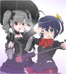  2girls black_hair chuunibyou_demo_koi_ga_shitai! crossover drill_hair eyepatch gothic_lolita green_eyes highres idolmaster idolmaster_cinderella_girls kanzaki_ranko lolita_fashion long_hair multiple_girls red_eyes school_uniform seiyuu_connection short_hair side_ponytail silver_hair takanashi_rikka tamii_tamii trait_connection twintails uchida_maaya umbrella 