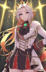  absurdres ahoge animal_ears ascot azuki_(azuki_azukki) black_ascot black_gloves black_skirt blue_eyes blush cape closed_mouth commentary_request crown ear_covers fur_trim gem gloves green_gem hand_on_own_hip highres horse_ears horse_girl jacket long_hair long_sleeves looking_at_viewer multicolored_hair orange_hair orfevre_(control)_(umamusume) orfevre_(umamusume) single_ear_cover skirt two-tone_hair umamusume white_hair white_jacket 