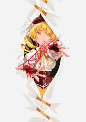  1girl absurdres beret blonde_hair breasts cat's_cradle chinese_commentary commentary_request corset cowboy_shot drill_hair fingerless_gloves gloves hands_up hat highres holding holding_string long_hair looking_at_viewer magical_girl mahou_shoujo_madoka_magica mahou_shoujo_madoka_magica_(anime) minisons neck_ribbon ribbon shirt skirt solo standing string tomoe_mami tomoe_mami_(magical_girl) twin_drills twintails white_shirt yellow_eyes yellow_ribbon yellow_skirt 