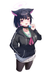  1girl :d absurdres animal_ears black_choker black_hair black_hoodie black_pantyhose blue_archive blunt_bangs blunt_ends blush bob_cut breasts cat_choker cat_ears cat_girl chinese_commentary choker collarbone colored_inner_animal_ears colored_inner_hair commentary_request cowboy_shot cropped_legs eyelashes fang fingernails food green_sailor_collar hair_intakes halo hand_in_pocket hand_up highres holding holding_food hood hood_down hoodie kazusa_(blue_archive) large_breasts long_hair looking_at_viewer loveqilaikui macaron miniskirt multicolored_hair open_mouth pantyhose pink_hair pink_halo pleated_skirt red_eyes sailor_collar school_uniform serafuku short_hair simple_background skin_fang skirt smile solo trinity_general_school_logo two-tone_hair white_background white_skirt 