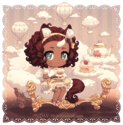  1girl :d aircraft angel_wings animal_ears aqua_eyes blush border brown_hair cake cake_slice chibi chibi_only clouds commentary commission couch cup curly_hair dark-skinned_female dark_skin dav-19 doll doll_joints dress english_commentary food fruit hairband holding holding_cup horse_ears horse_girl horse_tail hot_air_balloon joints lolita_fashion original short_hair sitting smile solo strawberry strawberry_shortcake tail tea teacup teapot transparent_background unicorn_girl unicorn_horn web_address wings yellow_dress yellow_hairband 