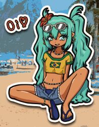  absurdres aqua_eyes aqua_hair brazilian_flag brazilian_flag_print brazilian_miku crop_top dark_skin djkurara_various eyelashes eyewear_on_head flag_print flower hair_flower hair_ornament hatsune_miku heart_feet hibiscus highres jewelry midriff multicolored_nails nail_polish navel necklace open_mouth portuguese_text sandals short_sleeves shorts smile sunglasses twintails underwear vocaloid 