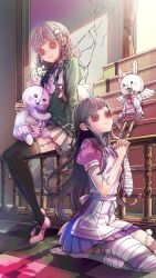  2girls apron bandaged_arm bandaged_leg bandages black_hair black_thighhighs brown_hair button_eyes buttons closed_mouth commentary commentary_request crack cracked_wall danganronpa_(series) danganronpa_2:_goodbye_despair doll green_jacket highres hnk hood hood_down hooded_jacket identity_v indoors jacket kneeling long_sleeves monomi_(danganronpa) multiple_girls nanami_chiaki own_hands_together pink_shirt pink_shoes railing shirt shoes short_hair short_sleeves sitting smile stitches thigh-highs tsumiki_mikan usami_(danganronpa) white_apron white_shoes 