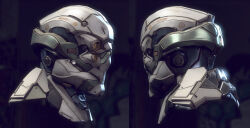  3d autodesk_3ds_max_(medium) combat_helmet commentary dark_background dust_514 english_commentary eve_online extra_eyes from_side gallente_federation_(eve_online) glowing glowing_eyes grey_helmet helmet medium_dropsuit_(dust_514) multiple_views no_humans photorealistic profile realistic science_fiction zbrush_(medium) 