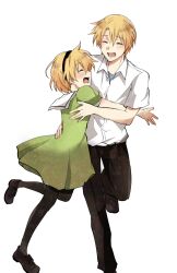  1boy 1girl absurdres black_hairband black_pants black_pantyhose black_shoes blonde_hair brother_and_sister closed_eyes commentary_request dress hairband highres higurashi_no_naku_koro_ni houjou_satoko houjou_satoshi open_mouth pants pantyhose sailor_collar sailor_dress school_uniform shirt shoes short_hair short_sleeves shosudo siblings smile white_sailor_collar white_shirt 