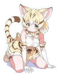 1girl animal_ear_fluff animal_ears bare_shoulders blonde_hair blush bow bowtie breasts cat_ears cat_girl cat_tail closed_mouth elbow_gloves extra_ears frilled_skirt frills full_body gloves highres japanese_crested_ibis_(kemono_friends) kemono_friends looking_at_viewer medium_breasts monkey monkey_girl multicolored_hair niyane pleated_skirt sand_cat_(kemono_friends) shoes short_hair sidelocks simple_background sitting skirt socks solo streaked_hair tail white_background white_gloves white_shoes white_socks white_streaks yellow_bow yellow_bowtie yellow_eyes yellow_skirt