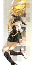  1girl absurdres arm_tattoo arms_behind_back black_boots black_skirt black_sleeves blonde_hair boots bow bow_hairband detached_sleeves from_behind hair_bow hair_ornament hair_ribbon hairband highres kagamine_rin neckerchief ribbon sailor_collar shirt shoe_soles short_hair skirt sleeveless sleeveless_shirt solo tattoo vocaloid white_bow white_hairband white_shirt yellow_neckerchief yellow_trim zeriko 