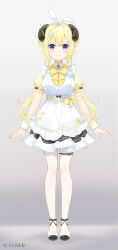  1girl animal_ears apron blonde_hair bow bowtie commentary_request contrast_collar double_bun dress frilled_dress frills full_body fuumi_(radial_engine) grey_background hair_bun hair_ornament hairband hairclip hololive horns long_hair official_alternate_costume official_art puffy_short_sleeves puffy_sleeves sheep_ears sheep_girl sheep_horns shoes short_dress short_sleeves side_up_bun simple_background solo tsunomaki_watame twintails very_long_hair violet_eyes virtual_youtuber white_apron white_dress white_hairband white_shoes wrist_cuffs x_hair_ornament yellow_bow yellow_bowtie yellow_dress 