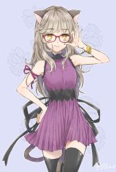  1girl adjusting_eyewear animal_ears arm_ribbon black_ribbon black_thighhighs blue_background bracelet character_request closed_mouth commentary_request copyright_request cowboy_shot dress fingernails floral_background flower glasses gold_bracelet grey_hair hand_on_own_hip jewelry long_hair nail_polish outline pale_skin purple_dress purple_ribbon red-framed_eyewear ribbon sleeveless sleeveless_dress smile solo tail thigh-highs umechiui white_outline yellow_eyes yellow_pupils 
