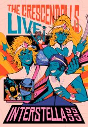  1girl 5boys ^_^ absurdres alt_text arpegius_(interstella_5555) baryl_(interstella_5555) blonde_hair blue_hair blue_skin clenched_teeth closed_eyes closed_mouth colored_skin commentary cranity daft_punk drumsticks eyelashes group_name guitar guy-manuel_de_homem-christo helmet high_ponytail highres holding holding_drumsticks holding_guitar holding_instrument instrument interstella_5555 long_hair multiple_boys octave_(interstella_5555) ponytail short_hair sideburns signature smile stella_(interstella_5555) teeth thomas_bangalter 