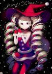  1girl bare_shoulders cowboy_shot drill_hair fur_trim gloves hat isaki_uta long_hair merry_christmas original pantyhose red_eyes red_gloves sack santa_costume smile snowing solo twin_drills very_long_hair witch witch_hat 