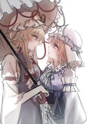  2girls blonde_hair blue_hat blue_kimono bow breasts closed_mouth commentary_request dress eye_contact frilled_kimono frills hair_bow hand_on_another's_face hat hat_ribbon highres holding holding_umbrella japanese_clothes kimono long_sleeves looking_at_another medium_breasts mob_cap multiple_girls onigiri_222x714 open_mouth parasol pink_eyes pink_hair purple_tabard red_bow ribbon saigyouji_yuyuko simple_background sleeve_garter smile tabard touhou triangular_headpiece umbrella violet_eyes white_background white_dress wide_sleeves yakumo_yukari yuri 