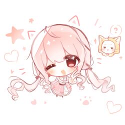  1girl ? ahoge animal animal_ears bare_arms bare_shoulders belt black_belt black_bow black_ribbon black_shoes bow bow_choker bowtie brown_eyes cat cat_ears chibi choker cloak clothed_animal clothing_cutout collarbone drawn_ears ear_covers eyes_visible_through_hair frilled_skirt frills hair_bow hair_ribbon happy heart highres hood hood_up hooded_cloak infinity_nikki layered_skirt light_blush long_hair long_skirt looking_at_viewer loose_hair_strand low_twintails momo_(nikki) nikki_(nikki) nikki_(series) notice_lines one_eye_closed open_mouth paw_print perfect_start_(infinity_nikki) pink_bow pink_bowtie pink_choker pink_hair pink_ribbon pink_skirt print_skirt red_bow red_bowtie ribbon shirt shoes short_sleeves shoulder_cutout simple_background single_stripe skirt smile speech_bubble spoken_question_mark standing striped_choker tareme tress_ribbon twintails v very_long_hair wakada088 wavy_hair whiskers white_background white_cat white_shirt white_skirt yellow_cloak 