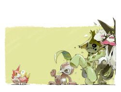  ? amehatobook black_eyes black_sclera border cacturne colored_sclera commentary furry green_background leaf looking_at_another meowscarada nuzleaf outside_border pink_eyes pointy_nose pokemon pokemon_(creature) pokemon_focus scared simple_background sitting spikes spoken_question_mark standing standing_on_one_leg white_border wurmple yellow_eyes yellow_sclera 