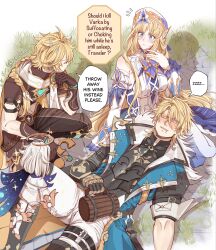  2boys 2girls aether_(genshin_impact) arm_rest arm_support armor blonde_hair blue_eyes blush boots braid breastplate closed_eyes closed_mouth coat commentary cup detached_sleeves dress drooling ear_ornament elbow_rest english_commentary english_text fingernails floating gauntlets genshin_impact gloves grey_hair hair_between_eyes halo hand_up hat height_difference highres holding holding_cup knee_up lap_pillow long_hair looking_at_another lying mechanical_halo medium_hair mug multiple_boys multiple_girls nail_polish nicole_reeyn no_scar on_back open_clothes open_coat open_mouth paimon_(genshin_impact) pants rchella red_nails romper scarf shoulder_armor sitting sleeping sleeping_on_person smile spoken_zzz squatting sweatdrop varka_(genshin_impact) very_long_hair wooden_cup zzz 