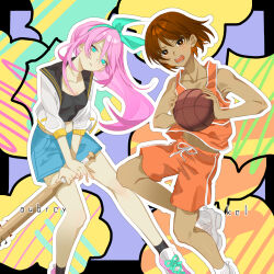  1boy 1girl alternate_eye_color aubrey_(faraway)_(omori) aubrey_(omori) ball baseball_bat basketball_(object) black_socks blue_eyes blue_hairband blue_skirt breasts brown_eyes brown_hair character_name commentary crop_top dark-skinned_male dark_skin denim denim_skirt double-parted_bangs english_commentary hair_between_eyes hairband highres holding holding_ball holding_baseball_bat jacket kel_(faraway)_(omori) kel_(omori) long_hair momonga_damon nail_(hardware) nail_bat navel omori open_clothes open_jacket open_mouth orange_shorts outline pink_hair pink_shoes shoes short-sleeved_jacket short_hair short_sleeves shorts skirt small_breasts sneakers socks teeth white_jacket white_outline white_shoes white_socks 