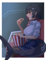  1girl absurdres black_choker black_hair breasts chair choker colored_inner_hair commentary_request eating ellen_joe ellen_joe_(on_campus) fins fish_tail food from_side hair_ornament highres indoors large_tail mole mole_under_eye movie_theater multicolored_hair no_plan_a official_alternate_costume on_chair pantyhose popcorn razor_blade_hair_ornament red_eyes red_hair red_nails scar scar_on_tail shark_girl shark_tail shirt short_hair sitting skirt solo tail theater_seating watching_movie white_shirt zenless_zone_zero 