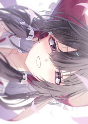  1girl bow brown_hair commentary frilled_bow frilled_hair_tubes frills grin hair_bow hair_tubes hakurei_reimu highres katsukare long_hair looking_at_viewer pink_eyes portrait red_bow sideways simple_background smile solo touhou white_background 