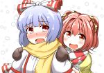  2girls :d ayashii_(hurands) bangs blunt_bangs blush bust fujiwara_no_mokou full-face_blush hair_ribbon hands_on_another&#039;s_shoulders hime_cut lavender_hair mittens motoori_kosuzu multiple_girls open_mouth red_eyes ribbon scarf short_hair smile snowing sweatdrop touhou twintails 