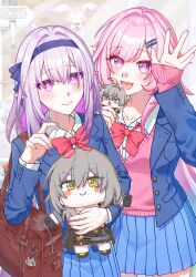  2girls bag blue_skirt blue_vest blush bow bowtie caelus_(honkai:_star_rail) cardigan castorice_(honkai:_star_rail) character_doll commentary_request cyrene_(demiurge)_(honkai:_star_rail) cyrene_(honkai:_star_rail) diamond-shaped_pupils diamond_(shape) doll hairband highres holding holding_doll honkai:_star_rail honkai_(series) long_hair mem_(honkai:_star_rail) multiple_girls nabe_kue open_mouth pink_cardigan pink_hair pleated_skirt pointy_ears purple_hair purple_hairband red_bow red_bowtie school_bag school_uniform shirt skirt smile stelle_(honkai:_star_rail) symbol-shaped_pupils trailblazer_(honkai:_star_rail) very_long_hair vest violet_eyes white_shirt 