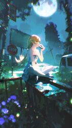  1girl absurdres bare_legs bare_shoulders barefoot billboard blonde_hair blue_sky car commentary_request crossed_legs doremy doughnut dress eating flower food grass hair_between_eyes highres long_hair monogatari_(series) moon motor_vehicle night oshino_shinobu pointy_ears road_sign sign sitting sky sleeveless sleeveless_dress solo spaghetti_strap stop_sign white_dress 