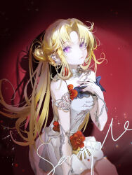  1girl bare_shoulders blonde_hair detached_collar dress earrings english_commentary english_text flower highres jewelry long_hair looking_at_viewer mole mole_under_eye original parted_bangs pink_nails red_background red_flower san_gaozi2919 shadow sleeveless sleeveless_dress solo sparkle spotlight violet_eyes white_dress 