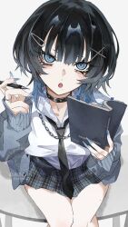  1girl :o black_choker black_hair black_necktie blue_eyes blue_hair blue_nails blunt_bangs book breasts cardigan chain chain_necklace choker collared_shirt colored_skin dot_nose fingernails from_above gradient_hair grey_cardigan grey_skin hair_between_eyes hair_ornament hairclip highres holding holding_book holding_pencil jagged_sclera jewelry long_fingernails long_sleeves mechanical_pencil medium_breasts medium_hair mullet multicolored_hair necklace necktie original partially_unbuttoned pencil plaid_clothes plaid_skirt satoinu111 screentones shirt simple_background sitting sitting_on_table skirt solo thighs unbuttoned_jacket watermark white_background white_shirt x_hair_ornament 