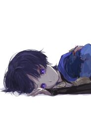  1boy absurdres black_bodysuit black_bridal_gauntlets black_hair blue_cape blue_pupils blunt_ends bodysuit bridal_gauntlets cape closed_mouth crying crying_with_eyes_open eyeliner genshin_impact gold hand_on_ground highres iro_(iroiro1108) japanese_clothes kimono looking_at_viewer lying makeup male_focus mandarin_collar on_side red_eyeliner scaramouche_(genshin_impact) side_cape solo tearing_up tears torn_clothes violet_eyes wanderer_(genshin_impact) white_background white_kimono wispy_bangs 