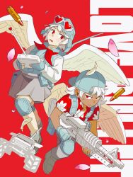  1boy 1girl aqua_gloves aqua_hat aqua_vest backwards_hat bow bowtie bullet bulletproof_vest cherry_blossoms controller copyright_name cupid dark-skinned_male dark_skin english_commentary feathered_wings gloves goggles goggles_on_head grey_pants grey_skirt gun hat heart heart-shaped_eyewear heavy_machine_gun highres holding holding_controller kipateriyaki knee_pads long_sleeves looking_at_viewer love-bullet machine_gun open_mouth original pants red_background red_bow red_eyes red_gloves red_shirt shirt shirt_flower short_hair skirt tan vest weapon white_hair white_shirt wings 