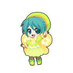  1girl :d aqua_eyes aqua_hair arm_up beret black_outline blush boots bow bowtie brown_pantyhose buttons chibi chibi_only double-breasted full_body game_asset green_boots green_hat green_jacket green_skirt hat hatsune_miku hatsune_miku_graphy_collection jacket looking_at_viewer open_mouth outline pantyhose short_hair skirt smile solo standing striped_clothes striped_skirt transparent_background vertical-striped_clothes vertical-striped_skirt vocaloid wings yellow_bow yellow_bowtie yellow_wings 