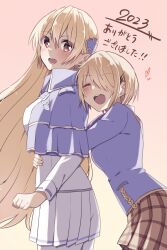  2girls absurdres blonde_hair blue_capelet brown_hair capelet closed_eyes from_side hair_ornament hairpin heaven_burns_red highres hug hug_from_behind kayamori_ruka long_hair multiple_girls open_mouth puyopiku shirakawa_yuina shirt short_hair white_shirt yuri 
