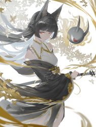  1girl absurdres animal_ear_fluff animal_ears black_hair blunt_bangs braid chinese_commentary closed_mouth commentary_request feet_out_of_frame fighting_stance flower fox_ears fox_girl ginkgo_leaf half_up_half_down_braid highres hoshimi_miyabi hoshimi_miyabi_(dignified_blossom) japanese_clothes katana leaf long_hair looking_at_viewer maosibushimaozi official_alternate_costume ready_to_draw red_eyes sword tailless_(zenless_zone_zero) weapon white_flower wide_sleeves zenless_zone_zero 