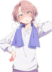  1girl arimura_mao blue_eyes blush collared_shirt commentary_request dot_nose eitopondo gakuen_idolmaster hand_on_own_hip heavy_breathing highres idolmaster looking_at_viewer medium_hair open_mouth pink_hair shirt simple_background solo sweat towel upper_body white_background white_shirt 