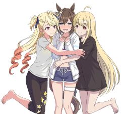  3girls absurdres ahoge animal_ears barefoot bikini black_pants black_shirt blonde_hair blue_bikini blue_eyes blue_ribbon blush brown_hair cheval_grand_(summer_calm_navy_drop)_(umamusume) cheval_grand_(umamusume) cho_kaguya-hime! commentary_request crossover drill_hair girl_sandwich hair_between_eyes hair_ribbon highres horse_ears horse_tail hug hug_from_side jacket kaguya_(cho_kaguya-hime!) long_hair long_shirt looking_at_another looking_at_viewer multicolored_hair multiple_girls natsuyoshi_yuuko navel niratama_anmitu official_alternate_costume official_alternate_hairstyle open_mouth pants red_eyes red_hair ribbon sandwiched seibu_rio shine_post shirt short_sleeves simple_background smile standing standing_on_one_leg star_(symbol) swimsuit tail two_side_up umamusume very_long_hair voice_actor_connection white_background white_shirt 