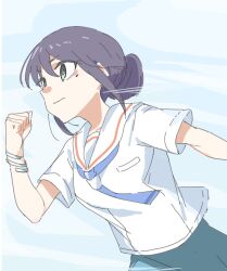  1girl aqua_skirt black_hair blue_background blue_necktie bracelet bright_pupils cho_kaguya-hime! clenched_hand closed_mouth commentary_request floating_neckwear green_eyes hair_between_eyes hair_bun hand_up highres jewelry looking_ahead mole mole_under_eye motion_lines necktie profile running sailor_collar sakai_animeta sakayori_iroha school_uniform serafuku shirt short_sleeves sidelocks sideways_mouth silver_bracelet simple_background single_hair_bun skirt solo speed_lines summer_uniform untucked_shirt upper_body white_pupils white_sailor_collar white_shirt 
