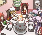  6+girls alcohol blonde_hair blue_hair blush bow braid brown_hair cake candle christmas christmas_tree commentary_request detached_sleeves flandre_scarlet food fork hair_bow hair_tubes hakurei_reimu hat hong_meiling izayoi_sakuya knife koakuma kumo_(atm) maid_headdress multiple_girls painting_(object) patchouli_knowledge pikachu plate pokemon purple_hair redhead remilia_scarlet silver_hair tea touhou twin_braids wine wings 