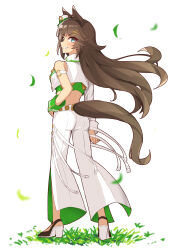  1girl absurdres ahoge animal_ears arm_strap asymmetrical_jacket bell-bottoms blush breasts brown_hair cropped_jacket from_behind grin hair_ornament hat highres horse_ears horse_girl horse_tail jacket kotatudogs long_hair looking_at_viewer mini_hat mini_top_hat mr._c.b._(clear_bliss)_(umamusume) mr._c.b._(umamusume) open_mouth pants shirt shoes single_bare_shoulder single_sleeve single_wrist_cuff smile solo strapless strapless_shirt tail teeth top_hat umamusume white_jacket white_pants wrist_cuffs 