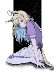  1girl absurdres ahoge animal_ears blonde_hair blue_eyes blue_hair bow bowtie breasts bright_pupils colored_inner_animal_ears colored_inner_hair commentary_request expressionless hair_ornament highres horse_ears horse_girl horse_tail long_hair looking_at_viewer medium_breasts multicolored_hair neo_universe_(umamusume) no_shoes pleated_skirt puffy_short_sleeves puffy_sleeves purple_bow purple_bowtie purple_shirt purple_trim sailor_collar school_uniform shirt short_sleeves sitting skirt solo streaked_hair sudachi-udon summer_uniform tail thigh-highs tracen_school_uniform umamusume waist_bow wariza white_pupils white_sailor_collar white_skirt white_thighhighs 