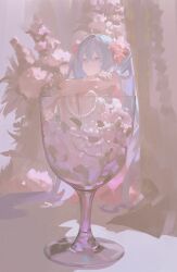 12710mio 1girl bare_legs bare_shoulders blue_eyes blue_hair bracelet commentary_request curled_up flower glass hair_between_eyes hair_flower hair_ornament hatsune_miku highres holding holding_flower jewelry looking_ahead mini_person minigirl pearl_bracelet sitting solo twintails vocaloid 