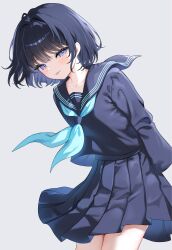  1girl :p absurdres arme_(cgsy7484) arms_behind_back black_hair black_serafuku black_shirt black_skirt blue_eyes blue_neckerchief blush collarbone commentary cowboy_shot hair_intakes highres leaning_forward long_sleeves looking_at_viewer neckerchief original pleated_skirt school_uniform serafuku shirt short_hair simple_background skirt smile solo standing tongue tongue_out white_background 