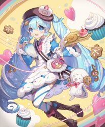  1girl animal apron aqua_eyes aqua_hair asymmetrical_legwear blue_bow blue_dress blue_eyes blue_hair blue_sleeves blush boots bow bowtie bread brown_boots brown_hat character-themed_food commentary_request cookie dessert detached_sleeves doughnut dress dress_bow food food-themed_clothes food-themed_hat_ornament frilled_apron frills fruit full_body fur-trimmed_dress fur-trimmed_sleeves fur_trim hair_between_eyes hair_ornament hat hat_ornament hatsune_miku holding holding_key holding_pastry_bag key knee_boots long_hair long_sleeves looking_at_viewer lunaticmed mismatched_legwear necktie official_alternate_costume official_alternate_hairstyle open_mouth pantyhose pastry_bag pink_necktie puffy_sleeves rabbit_yukine short_sleeves smile snowflake_print striped_clothes striped_pantyhose twintails two-tone_sleeves very_long_hair vocaloid wavy_hair white_apron yellow_background yuki_miku yuki_miku_(2026) 