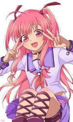  1girl :d ahoge angel_beats! black_choker black_ribbon blue_sailor_collar blue_skirt choker commentary_request cuffs double_v eyes_visible_through_hair fang feet_out_of_frame floating_hair hair_between_eyes hair_ribbon handcuffs hands_up happy knees_up leg_ribbon long_hair long_sleeves looking_at_viewer miniskirt neckerchief o-ring o-ring_choker open_mouth partial_commentary pink_eyes pink_hair pink_neckerchief pleated_skirt red_ribbon ribbon sailor_collar sailor_shirt shinda_sekai_sensen_uniform shirt sidelocks signature simple_background sitting skirt smile solo tamago0402 tareme thigh_strap two_side_up v very_long_hair white_background white_shirt yui_(angel_beats!) 