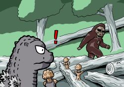  ! animal beni_(nikaidera) brown_fur godzilla godzilla_(series) gorilla kaiju king_kong king_kong_(series) log looking_at_another matango_(monster) monster no_humans photo-referenced spines surprised tree walking 