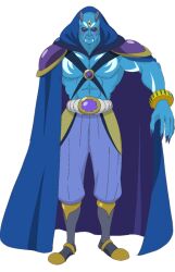  1boy bald black_horns blue_cape blue_skin cape closed_mouth colored_skin full_body garuouga_(precure) horns muscular muscular_male official_art precure solo standing star_twinkle_precure transparent_background underbite 