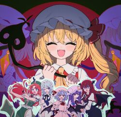  6+girls apron ascot bat_wings beret between_fingers black_bow black_bowtie black_skirt black_vest blonde_hair blue_dress blue_hair blush book bow bowtie braid closed_eyes collared_shirt commentary_request crescent crescent_hat_ornament crystal crystal_wings demon_wings dress facing_viewer flandre_scarlet green_bow green_hat green_skirt green_vest grey_hair hair_bow hat hat_ornament head_wings holding holding_book holding_knife holding_weapon hong_meiling izayoi_sakuya knife knifed knives_between_fingers koakuma laevatein_(touhou) long_hair long_sleeves maid maid_headdress mob_cap multiple_girls necktie one_eye_closed one_side_up open_mouth pants pants_under_skirt patchouli_knowledge pinafore_dress pink_hat pink_shirt pink_skirt puffy_short_sleeves puffy_sleeves purple_hair red_eyes red_hair red_necktie red_vest remilia_scarlet shaded_face shirt shnva short_sleeves siblings sisters skirt skirt_set sleeveless sleeveless_dress smile solo_focus star_(symbol) star_hat_ornament striped_clothes striped_dress touhou trembling twin_braids vertical-striped_clothes vertical-striped_dress very_long_hair vest violet_eyes waist_apron weapon white_apron white_hat white_pants white_shirt wings yellow_ascot 