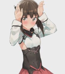  1girl arms_up blush brown_eyes brown_hair ddal flat_chest headband headgear highres kantai_collection looking_at_viewer revision short_hair skirt solo sweatdrop taihou_(kantai_collection) 